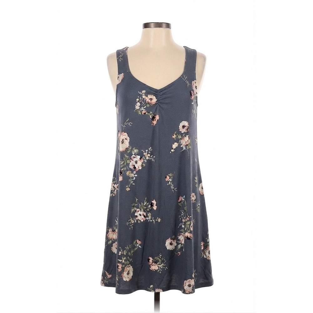 Wallflower Womens Floral V-Neck Sleeveless Mini A-Line Dress Gray Size Medium